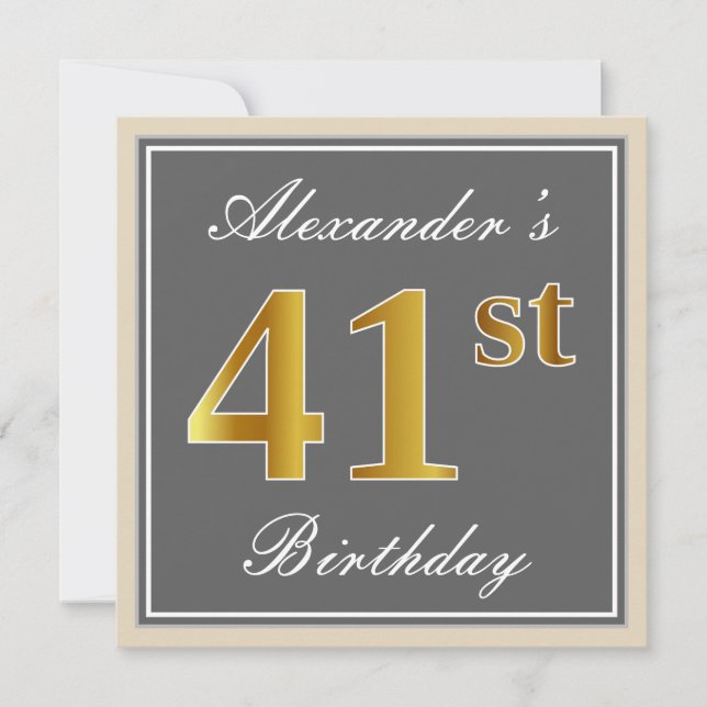 Elegant, Grey, Faux Gold 41st Birthday + Name Invitation (Front)