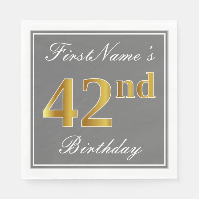 Elegant Grey, Faux Gold 42nd Birthday; Custom Name Napkin (Front)