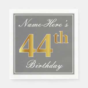 Elegant Grey, Faux Gold 44th Birthday; Custom Name Napkin