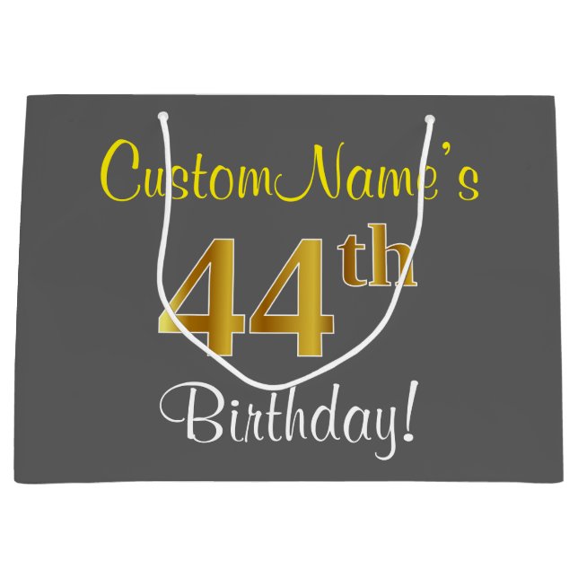 Elegant, Grey, Faux Gold 44th Birthday + Name Large Gift Bag (Front)