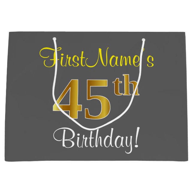 Elegant, Grey, Faux Gold 45th Birthday + Name Large Gift Bag (Front)