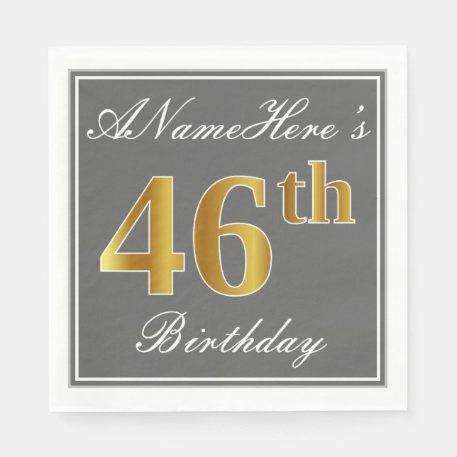 Elegant Grey, Faux Gold 46th Birthday; Custom Name Napkin (Front)