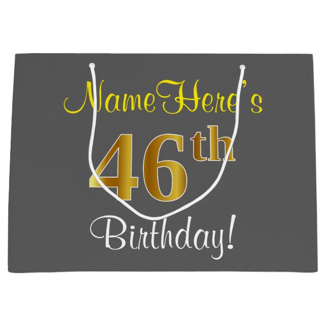 Elegant, Grey, Faux Gold 46th Birthday + Name Large Gift Bag (Front)