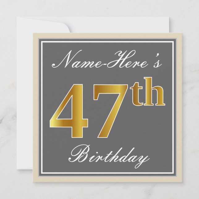 Elegant, Grey, Faux Gold 47th Birthday + Name Invitation (Front)