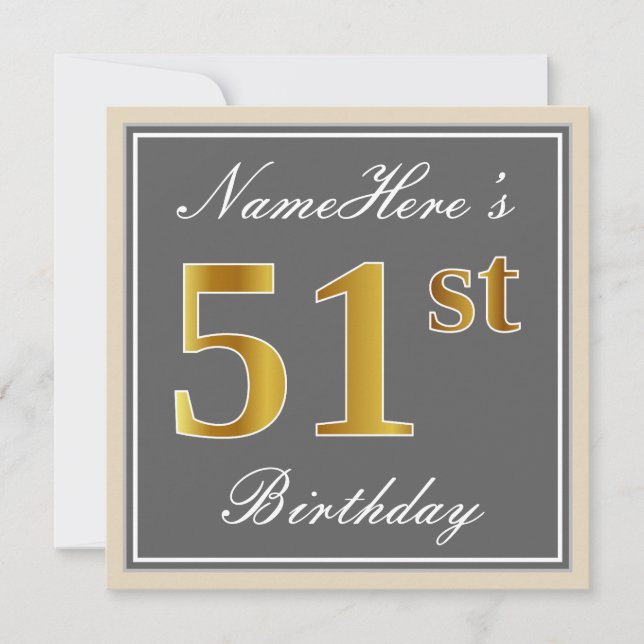 Elegant, Grey, Faux Gold 51st Birthday + Name Invitation (Front)