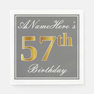 Elegant Grey, Faux Gold 57th Birthday; Custom Name Napkin