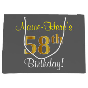 Elegant, Grey, Faux Gold 58th Birthday + Name Large Gift Bag
