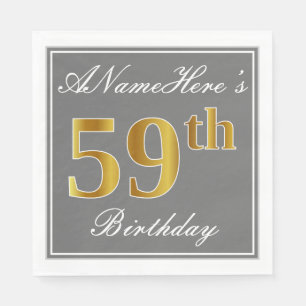 Elegant Grey, Faux Gold 59th Birthday; Custom Name Napkin