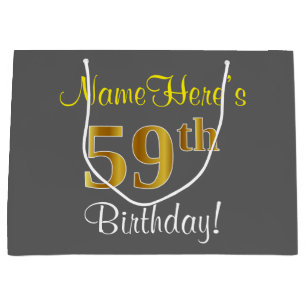 Elegant, Grey, Faux Gold 59th Birthday + Name Large Gift Bag