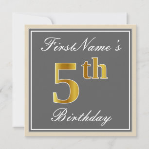Elegant, Grey, Faux Gold 5th Birthday; Custom Name Invitation
