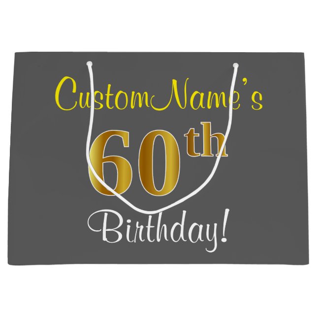Elegant, Grey, Faux Gold 60th Birthday + Name Large Gift Bag (Front)