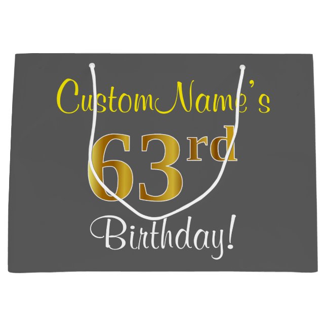 Elegant, Grey, Faux Gold 63rd Birthday + Name Large Gift Bag (Front)