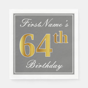 Elegant Grey, Faux Gold 64th Birthday; Custom Name Napkin