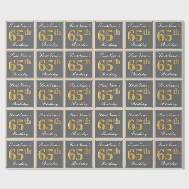Elegant, Grey, Faux Gold 65th Birthday + Name Wrapping Paper (Flat)