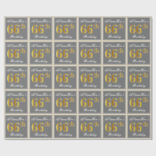 Elegant, Grey, Faux Gold 66th Birthday + Name Wrapping Paper