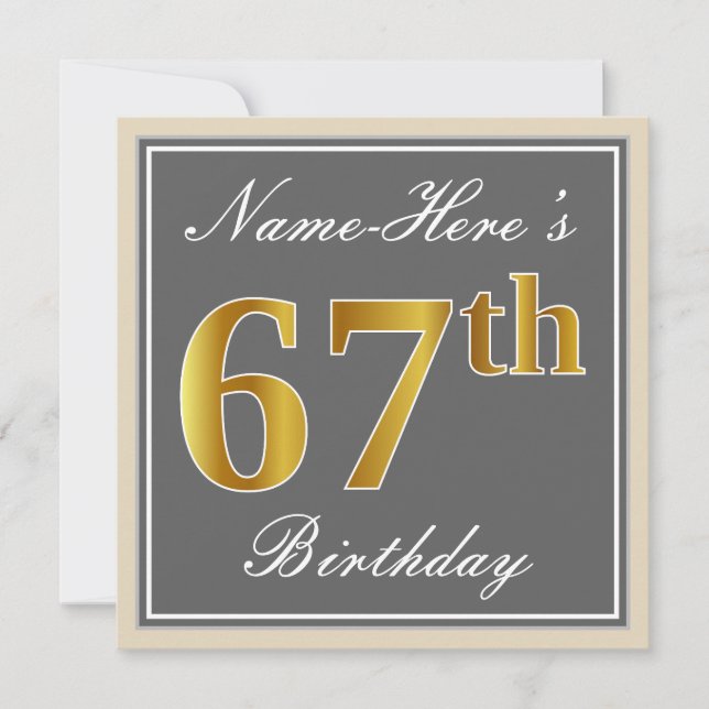 Elegant, Grey, Faux Gold 67th Birthday + Name Invitation (Front)