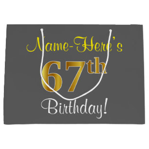 Elegant, Grey, Faux Gold 67th Birthday + Name Large Gift Bag