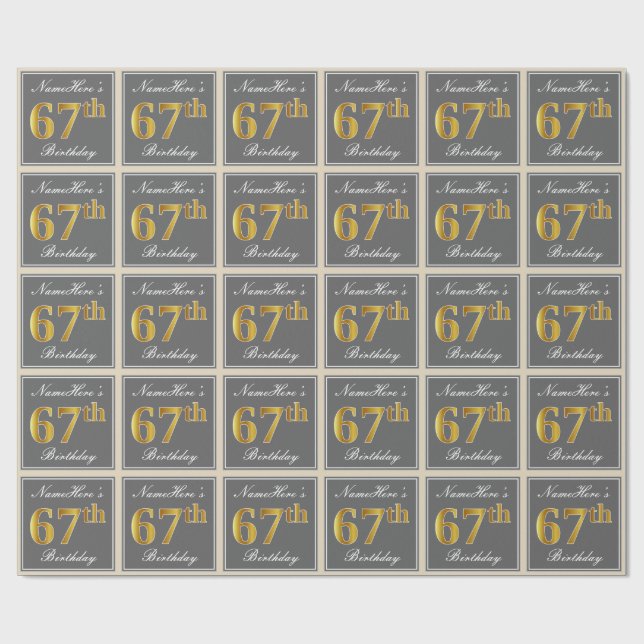 Elegant, Grey, Faux Gold 67th Birthday + Name Wrapping Paper (Flat)
