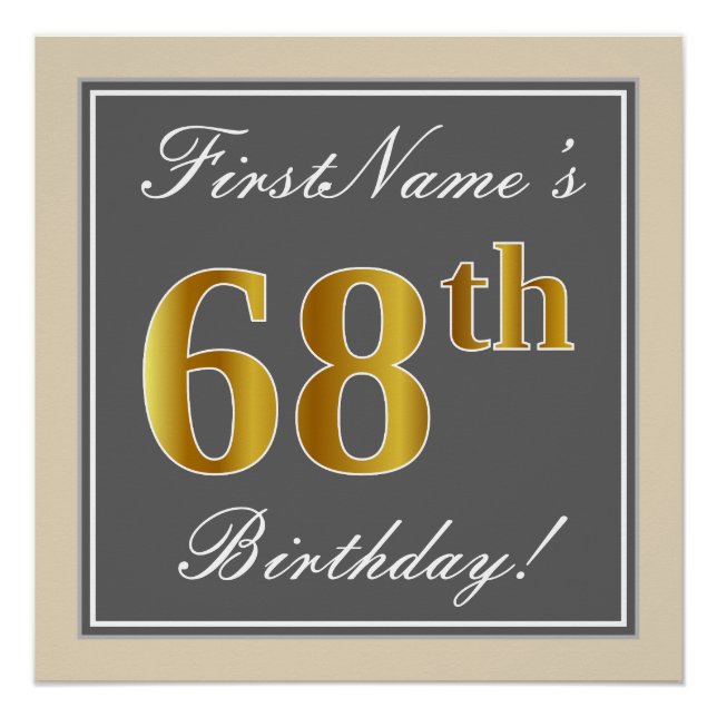 Elegant, Grey, Faux Gold 68th Birthday + Name Poster (Front)