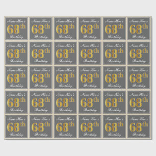 Elegant, Grey, Faux Gold 68th Birthday + Name Wrapping Paper