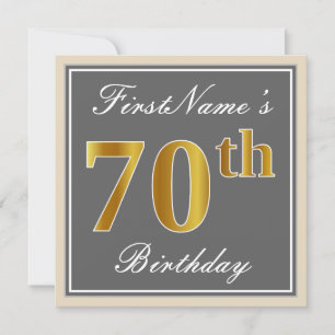 Elegant, Grey, Faux Gold 70th Birthday + Name Invitation