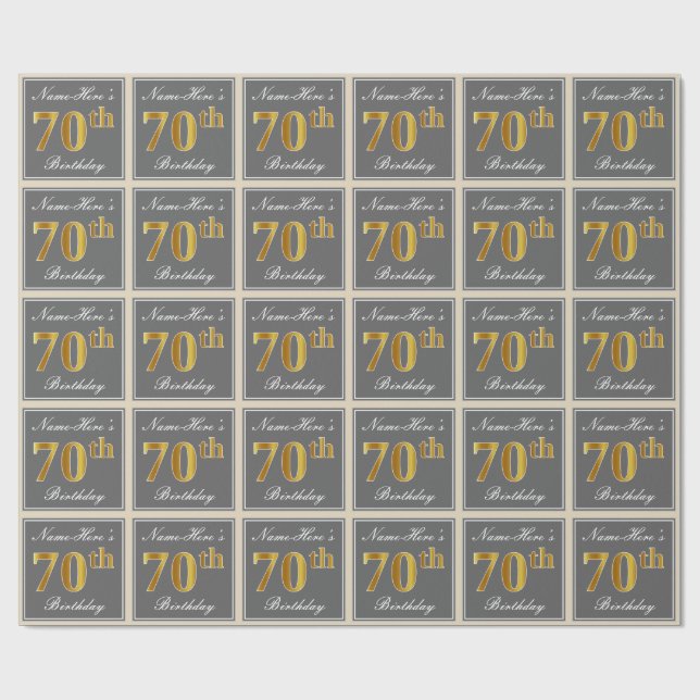 Elegant, Grey, Faux Gold 70th Birthday + Name Wrapping Paper (Flat)