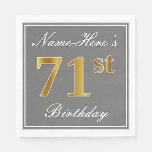 Elegant Grey, Faux Gold 71st Birthday; Custom Name Napkin