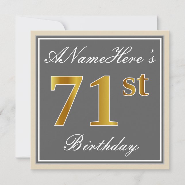 Elegant, Grey, Faux Gold 71st Birthday + Name Invitation (Front)
