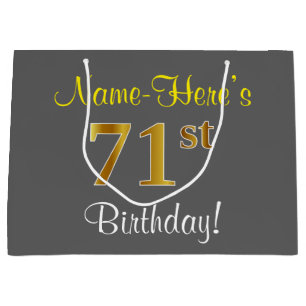 Elegant, Grey, Faux Gold 71st Birthday + Name Large Gift Bag