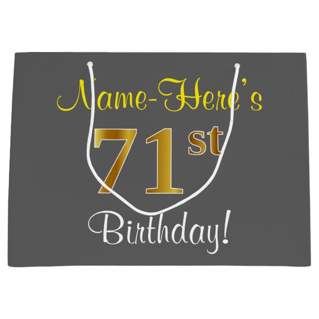 Elegant, Grey, Faux Gold 71st Birthday + Name Large Gift Bag (Front)