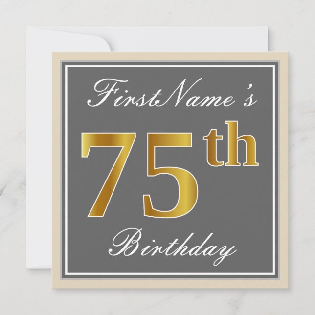 Elegant, Grey, Faux Gold 75th Birthday + Name Invitation (Front)