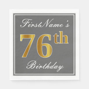Elegant Grey, Faux Gold 76th Birthday; Custom Name Napkin