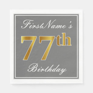 Elegant Grey, Faux Gold 77th Birthday; Custom Name Napkin