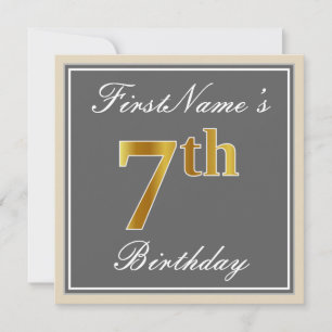 Elegant, Grey, Faux Gold 7th Birthday; Custom Name Invitation