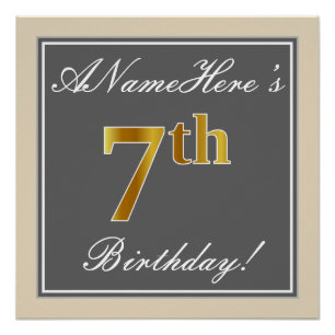 Elegant, Grey, Faux Gold 7th Birthday; Custom Name Poster