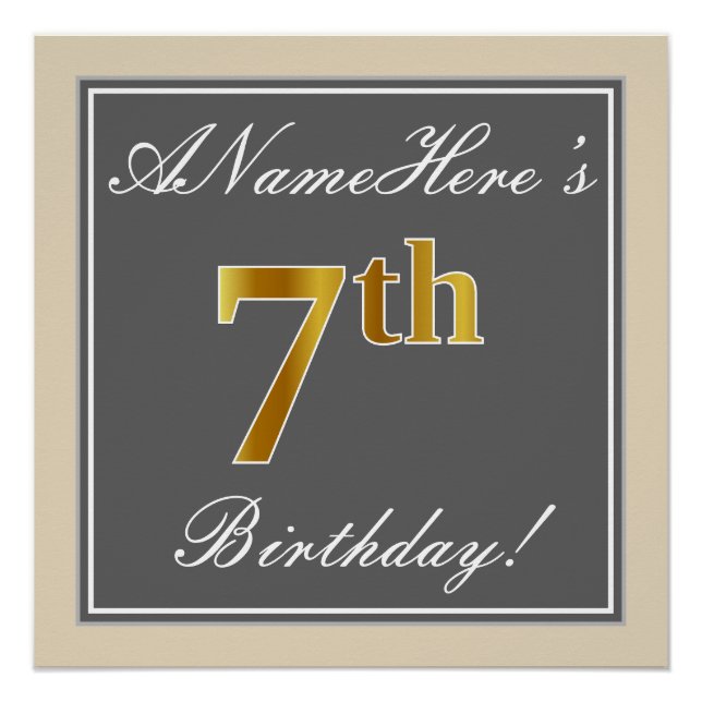 Elegant, Grey, Faux Gold 7th Birthday; Custom Name Poster (Front)