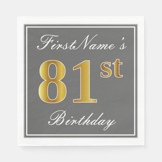 Elegant Grey, Faux Gold 81st Birthday; Custom Name Napkin (Front)