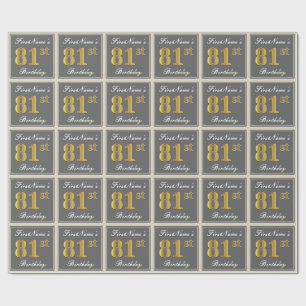 Elegant, Grey, Faux Gold 81st Birthday + Name Wrapping Paper