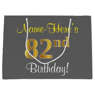 Elegant, Grey, Faux Gold 82nd Birthday + Name Large Gift Bag
