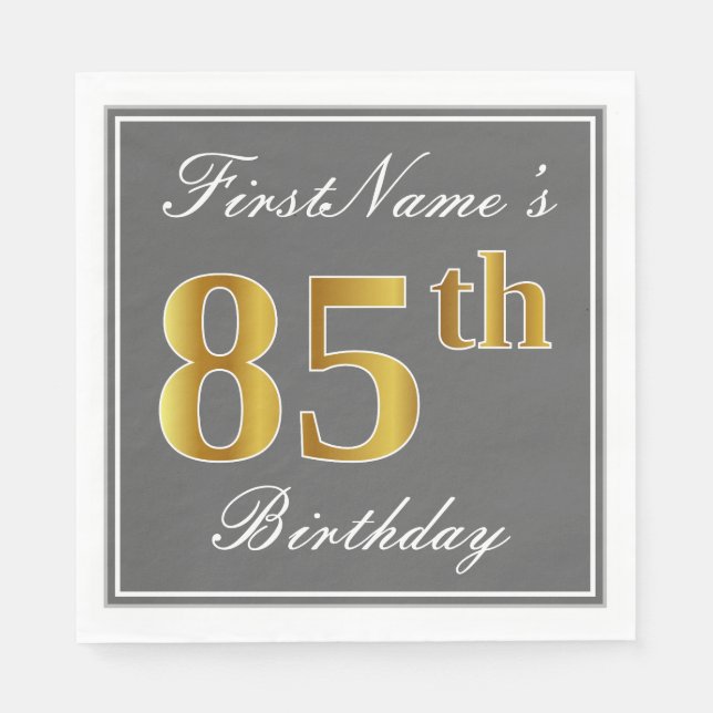 Elegant Grey, Faux Gold 85th Birthday; Custom Name Napkin (Front)