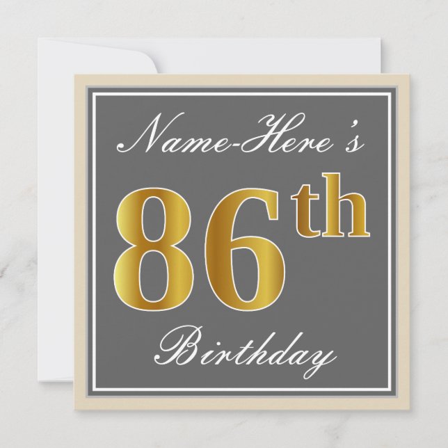 Elegant, Grey, Faux Gold 86th Birthday + Name Invitation (Front)