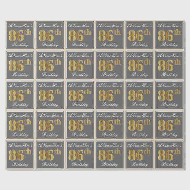Elegant, Grey, Faux Gold 86th Birthday + Name Wrapping Paper (Flat)