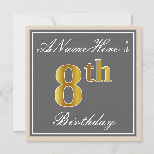 Elegant, Grey, Faux Gold 8th Birthday; Custom Name Invitation (Front)