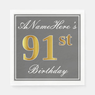Elegant Grey, Faux Gold 91st Birthday; Custom Name Napkin