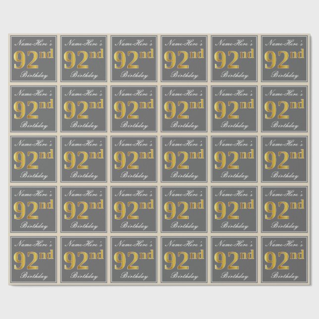 Elegant, Grey, Faux Gold 92nd Birthday + Name Wrapping Paper (Flat)