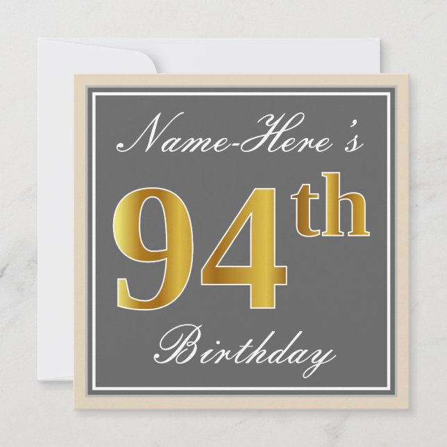 Elegant, Grey, Faux Gold 94th Birthday + Name Invitation (Front)