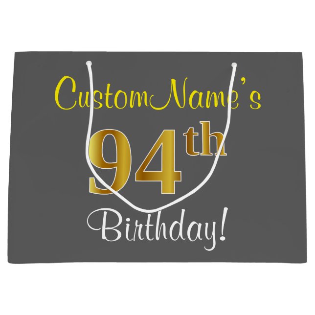 Elegant, Grey, Faux Gold 94th Birthday + Name Large Gift Bag (Front)