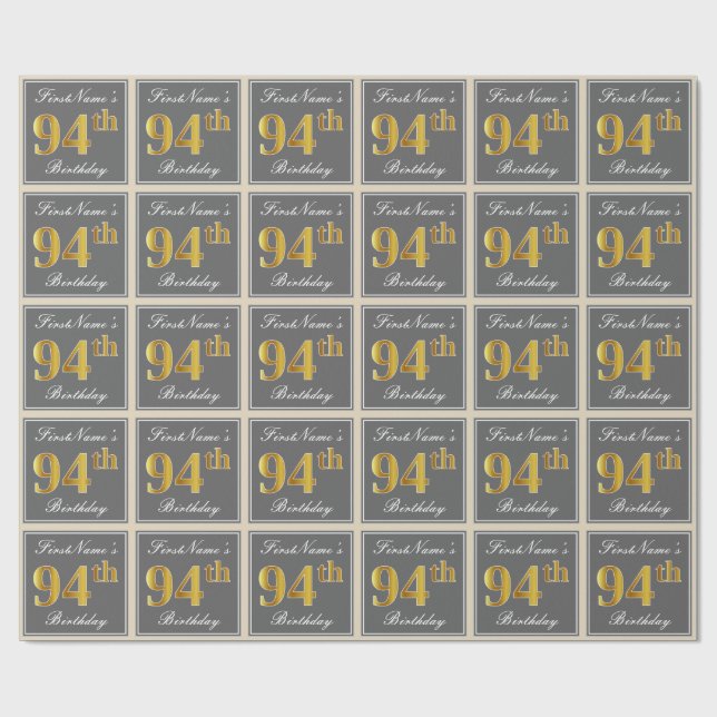 Elegant, Grey, Faux Gold 94th Birthday + Name Wrapping Paper (Flat)