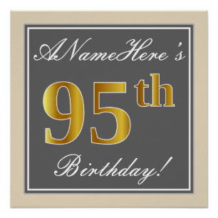 Elegant, Grey, Faux Gold 95th Birthday + Name Poster