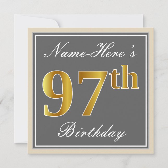 Elegant, Grey, Faux Gold 97th Birthday + Name Invitation (Front)